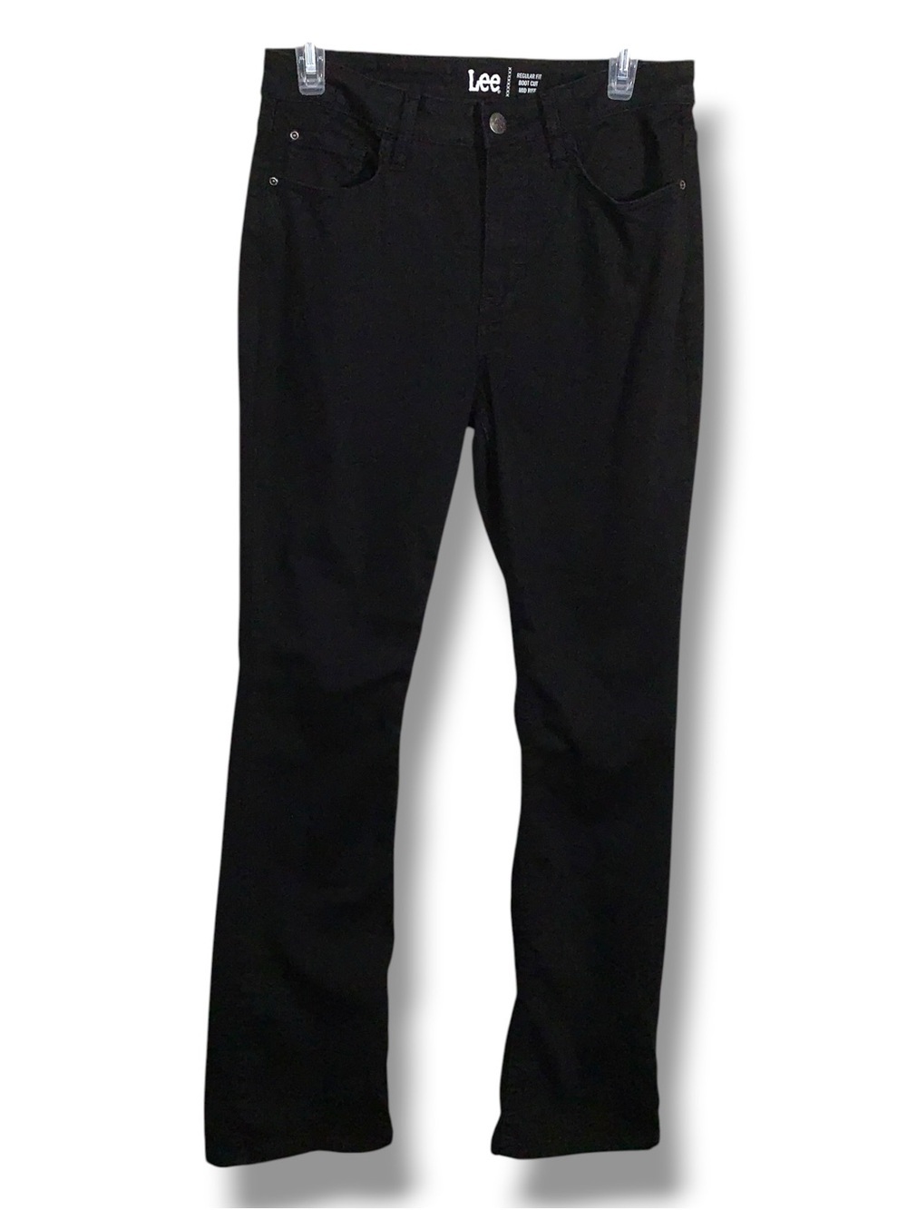 Size 8 Lee Black Denim Mid Rise Regular Fit Boot Cut Jeans Cotton Blend Stretch